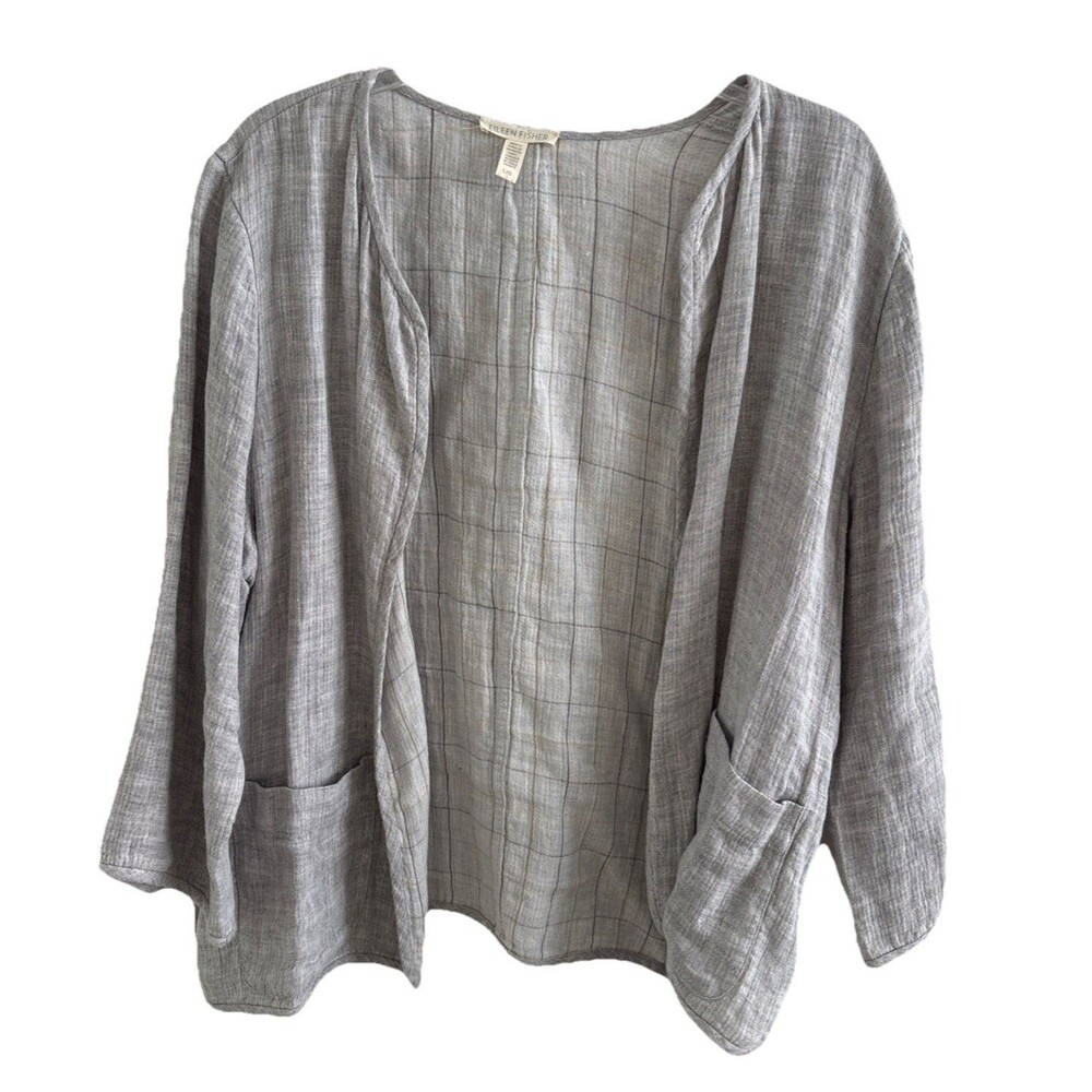 VGUC Eileen Fisher Linen Jacket Heathered Gray Open blazer 3/4 Sleeve Sz L